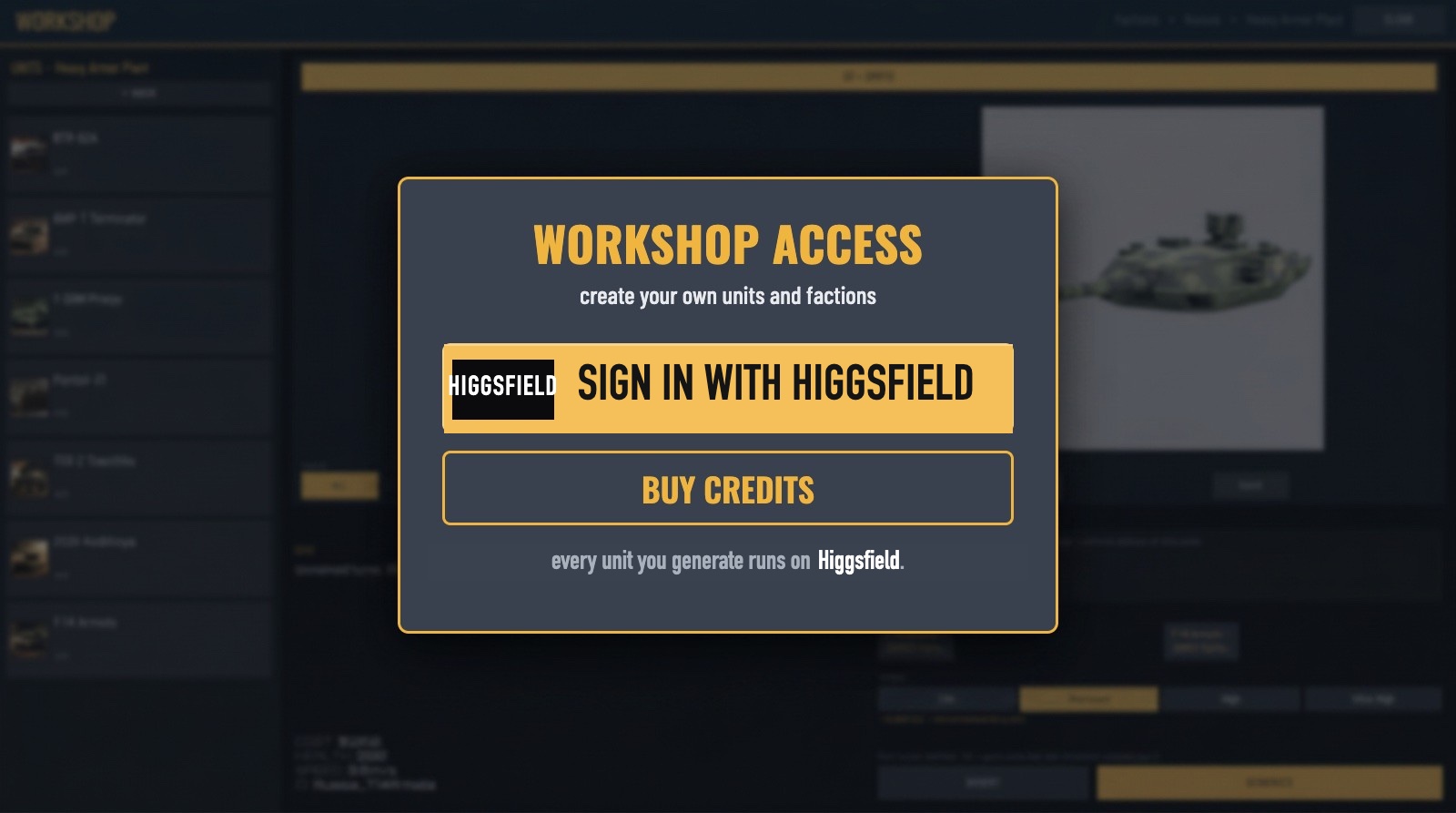 DoctrineStrike workshop access screen concept with a large partner sign-in button and a Buy Credits button